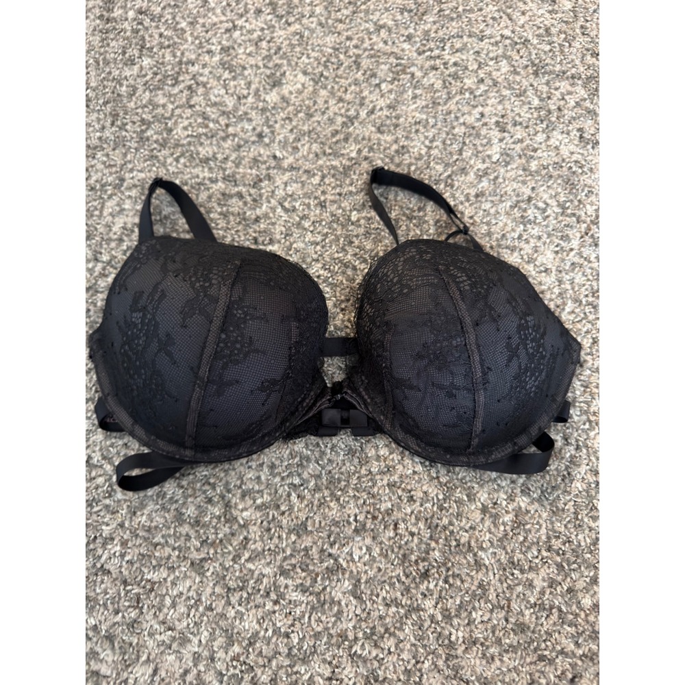 Victoria's Secret Black Lace Strappy Cage Back Front Closure Push-Up Bra 34DD